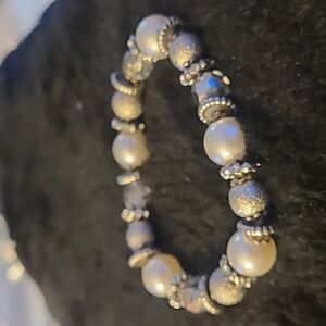 Elegant Pearl and Silver Bead Stretch Bracelet - White and Silver